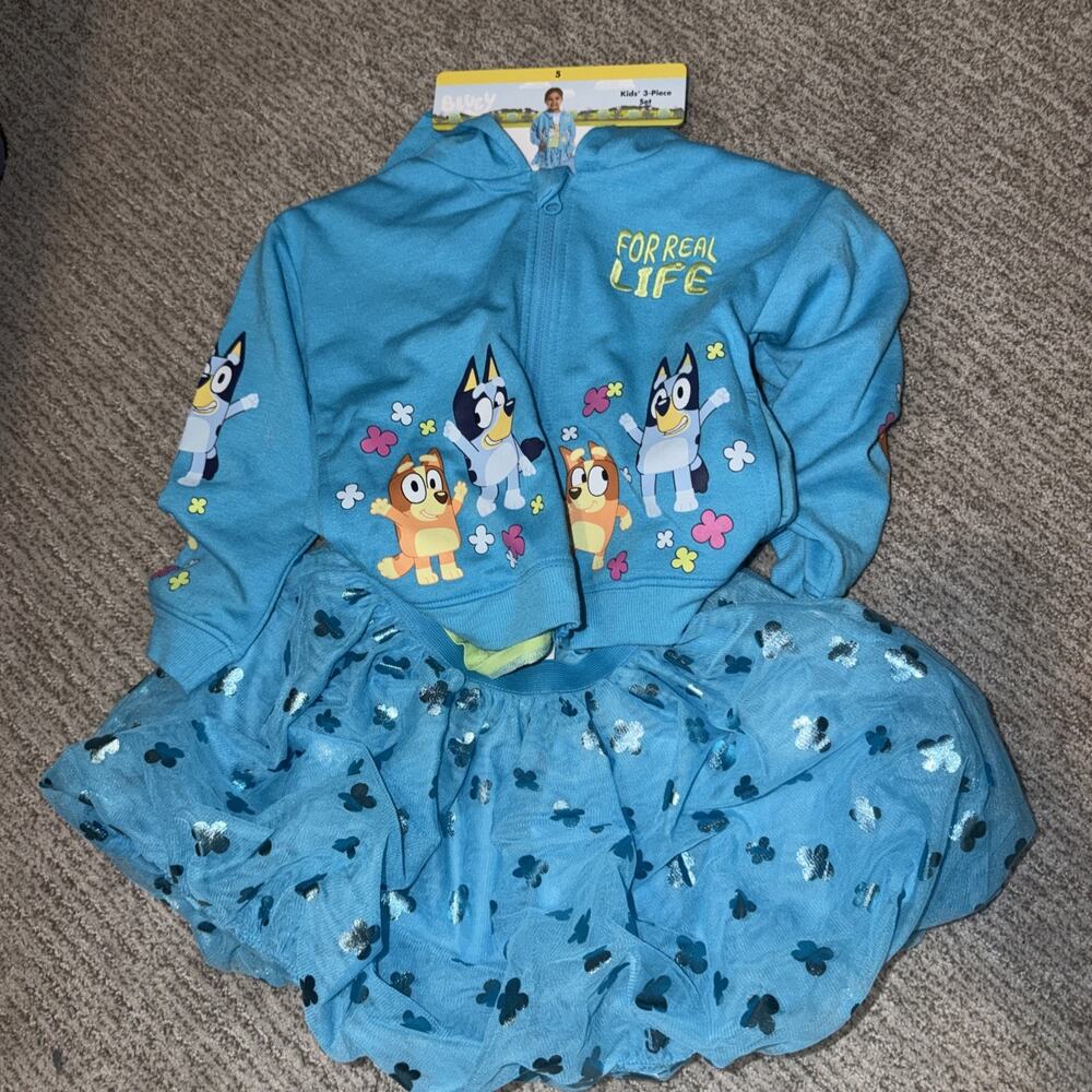 5T Bluey & Bingo Girls 3pc Outfit Set Hoodie Jacket T-Shirt Tulle Skirt Clothes